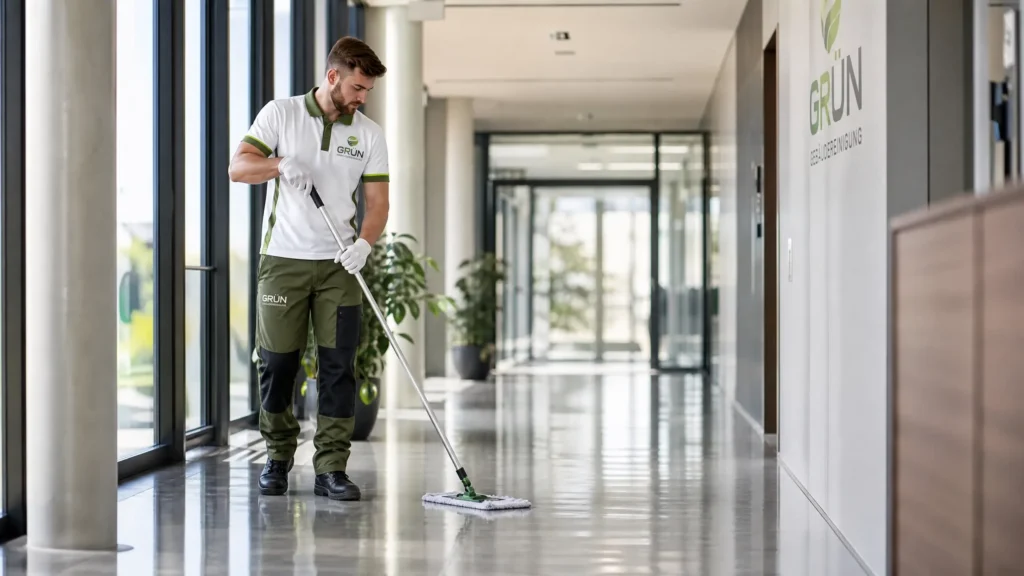 Professionelle Reinigungsdienste Frankfurt – Babat GmbH – Reinigungskraft bei der Arbeit in modernem Bürogebäude